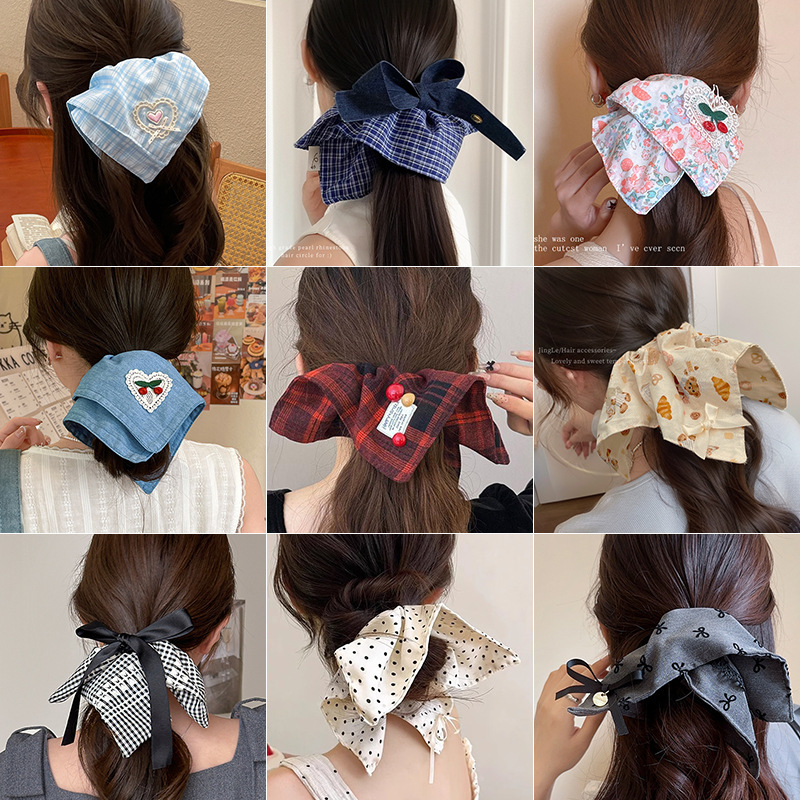 海棠春色~粉色碎花蝴蝶结蕾丝方巾大肠发圈女韩系大号头绳发饰夏