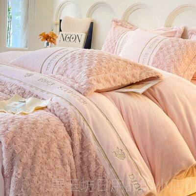 高档冬季公主风柔用加厚兔毛绒四件保暖裸睡牛奶绒被套超床笠床套