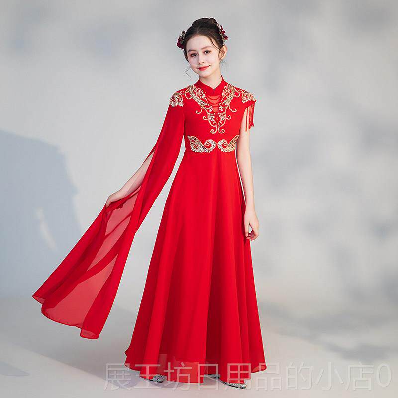 正品端新款儿童表演服民乐高演奏古筝生表服大儿童中式旗袍女红演