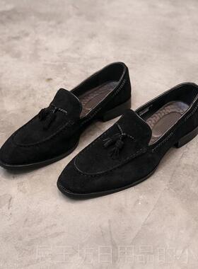 高档男士休闲 皮鞋真一皮商务乐鞋高级感黑色翻福毛流蹬苏脚懒人