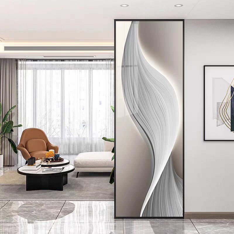 简约现代3d彩绘艺术玻璃屏风隔断背酒柜磨砂透光双面入户玄关钢化