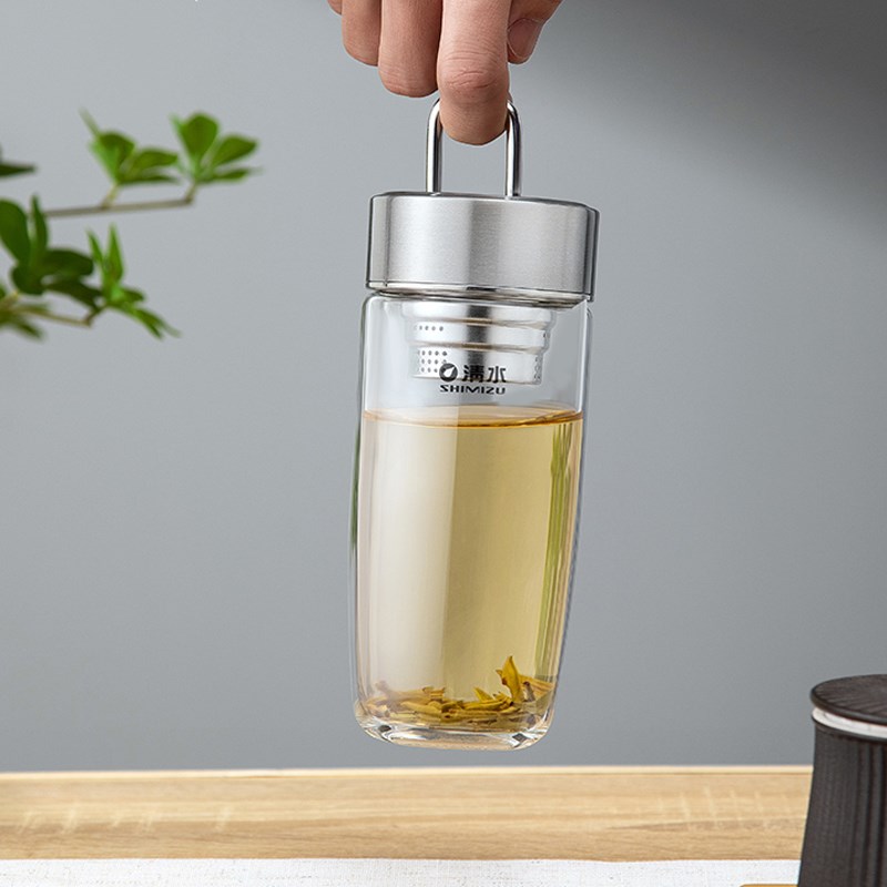 清水单层鹅蛋型玻璃杯提环316盖芯滤网水杯家用车载泡茶杯耐温差