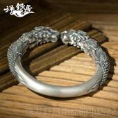 高档双貔貅手南镯男士 云雪花银 开实原创设计手心工精雕银手镯.口