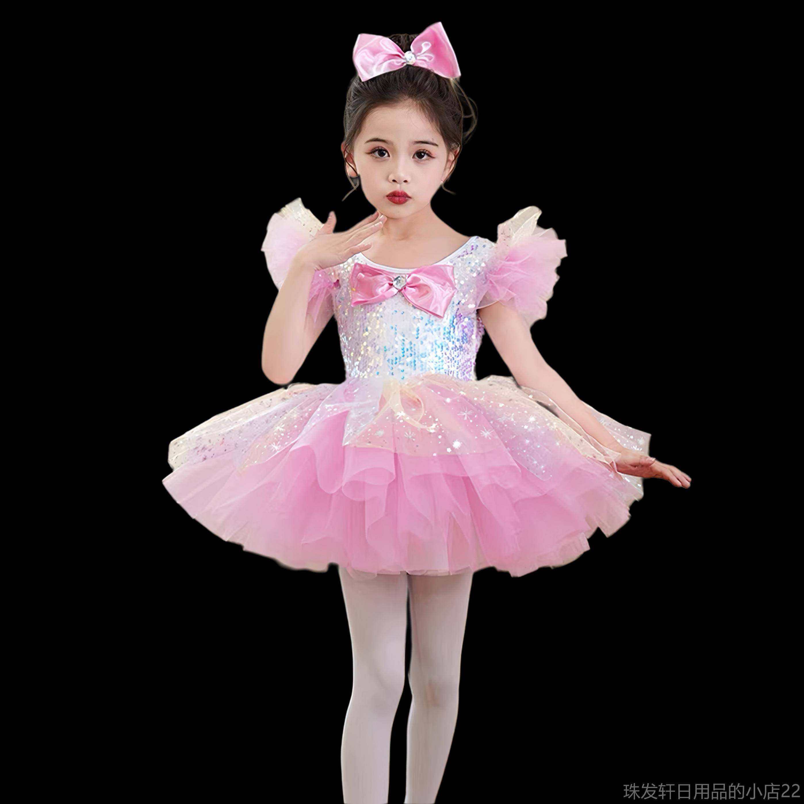 高档棒棒糖儿儿童演出服粉色可演爱蓬蓬子幼园公主裙表舞蹈服装元