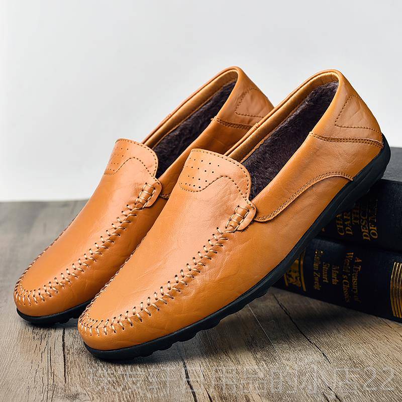 高档时春真皮豆豆鞋男士软休闲皮鞋韩式尚季透气懒鞋单腿底男鞋