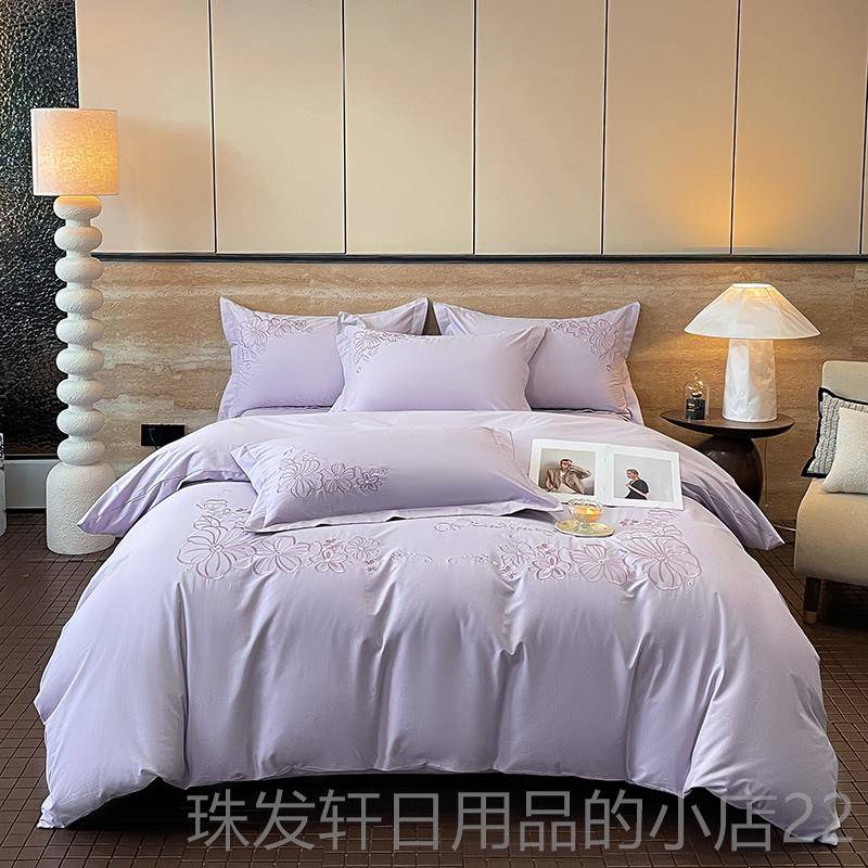 高档新中式全婚庆四件组刺床绣国风国潮纯立体花结婚喜被棉套上棉