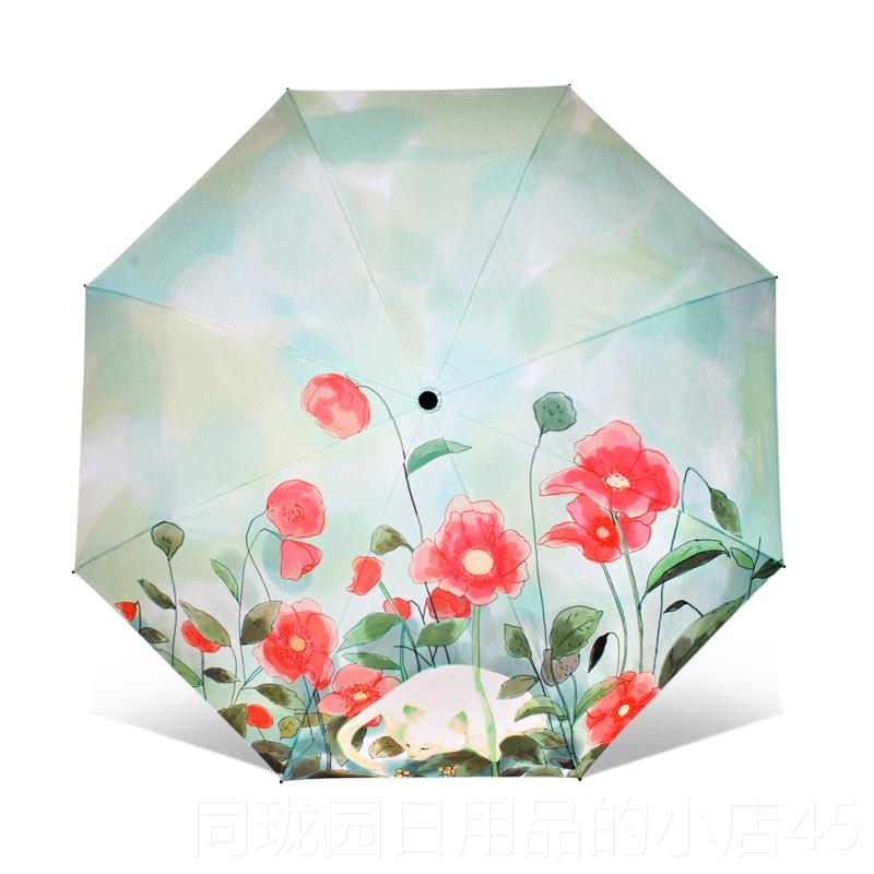 正品手绘森系伞三折叠女晴雨用韩国小清新两女神胶遮黑阳防晒太雨