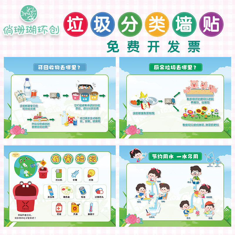 幼儿园垃圾分类主题环创 绿色低碳出行保护环境节约用水标识贴纸