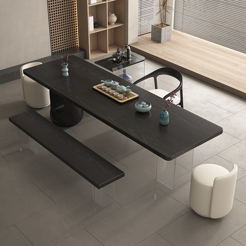 侘寂风碳化黑实木茶桌椅组合现代简约办公茶几茶台客厅大板泡茶桌