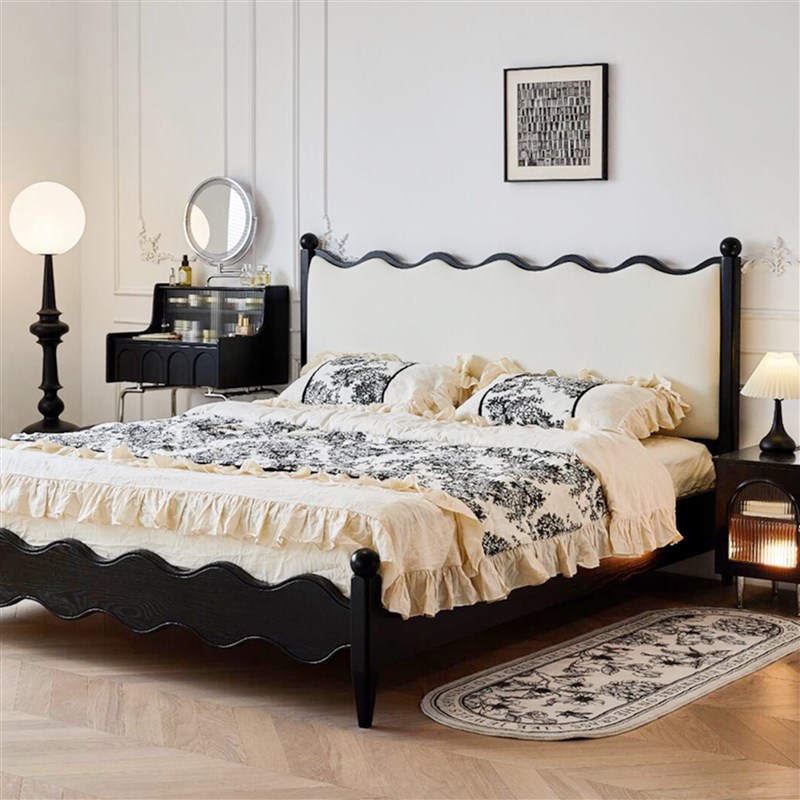 法式复古风1.8m黑色涟漪实木床中古高端人白蜡木1.5m主卧室大床