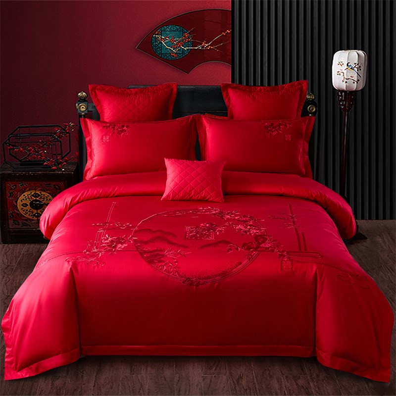 新款家纺结婚庆床品四件大红色刺绣新婚被床单婚嫁件床上用