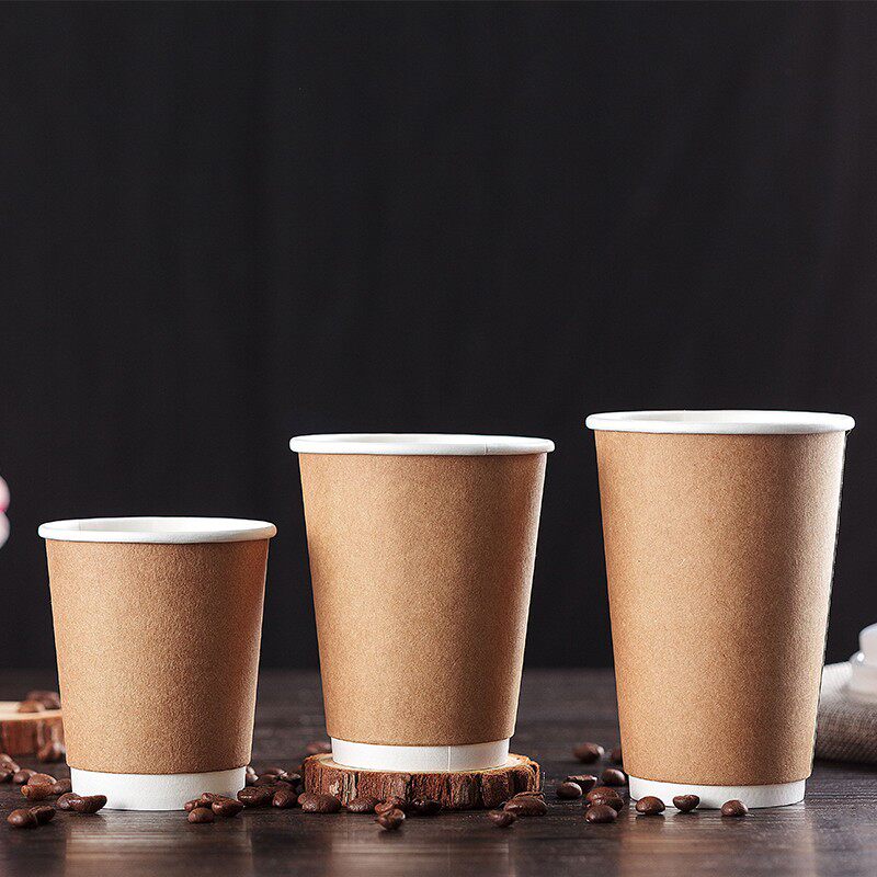 加厚双层牛皮纸杯一次性咖啡杯奶茶杯子热饮杯带盖商用防烫500ml