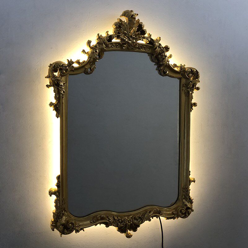 欧镜家居法式复古雕花背光灯镜金色玄关镜壁炉装饰镜欧式壁挂镜子