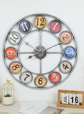 欧式创意铁艺彩色时钟壁挂客厅餐厅装饰品圆形挂钟钟表装饰品摆件