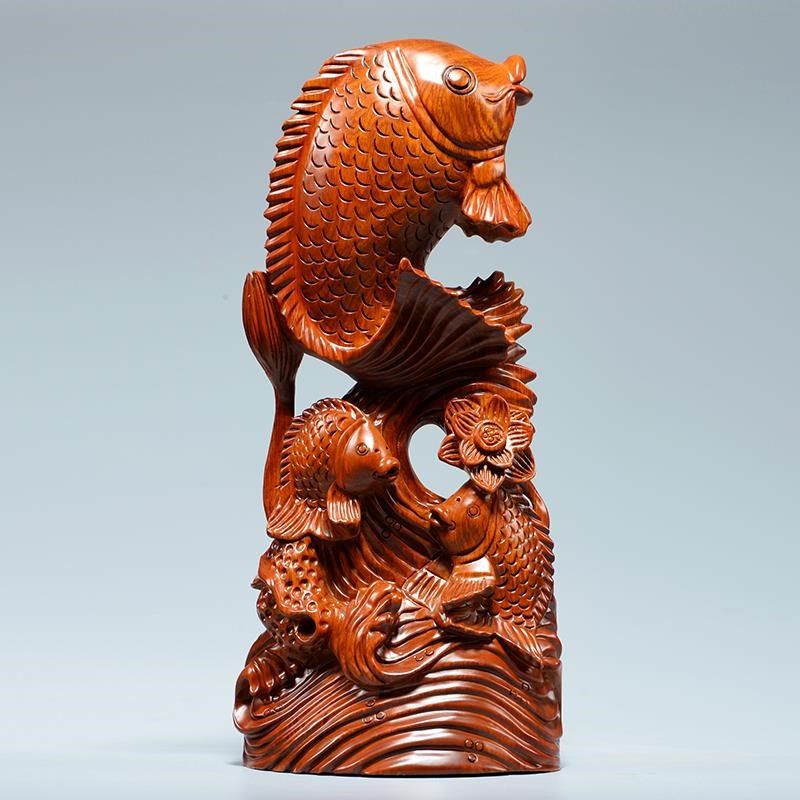 实木雕刻鱼摆件木头根雕花梨连年有余红木家居客厅装饰工艺品送礼