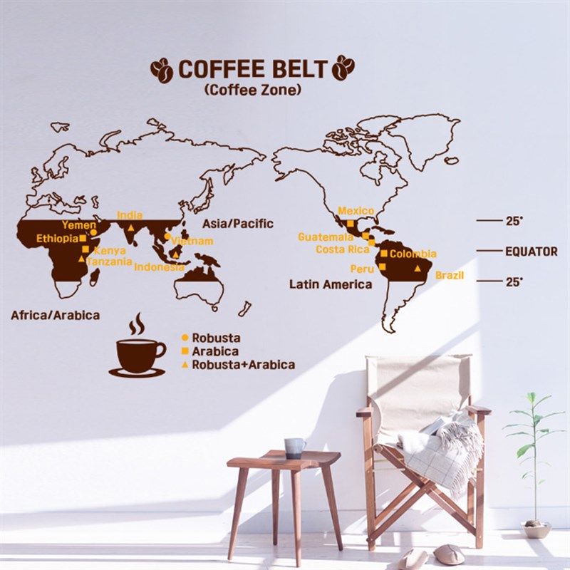 创意新款咖啡地图墙贴 咖啡豆种植分布咖啡馆厅奶茶店书店装饰画