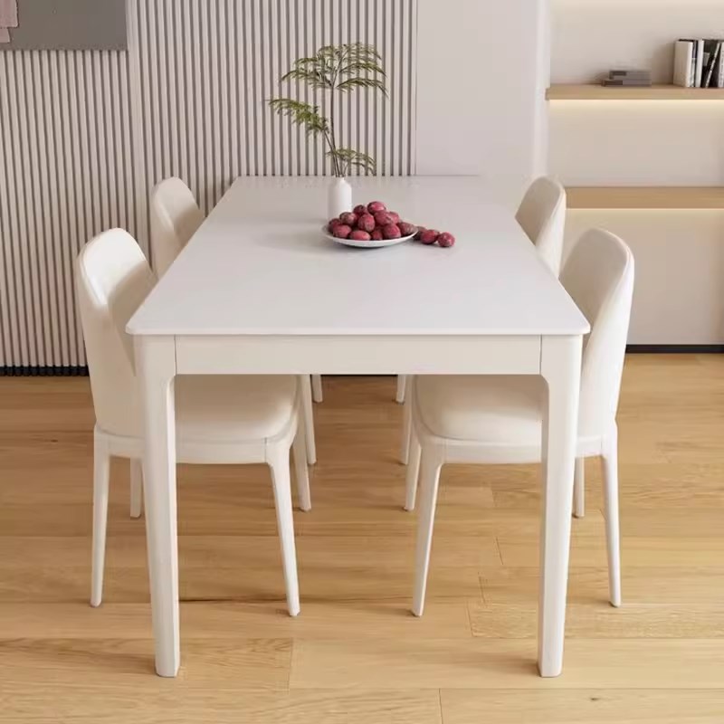 法式白色奶油风纯白岩板餐桌椅现代简约小户型长方形实木吃饭桌子
