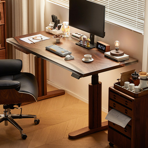 黑胡桃全实木智能电动升降书桌可调节工作台学生学习电脑桌办公桌