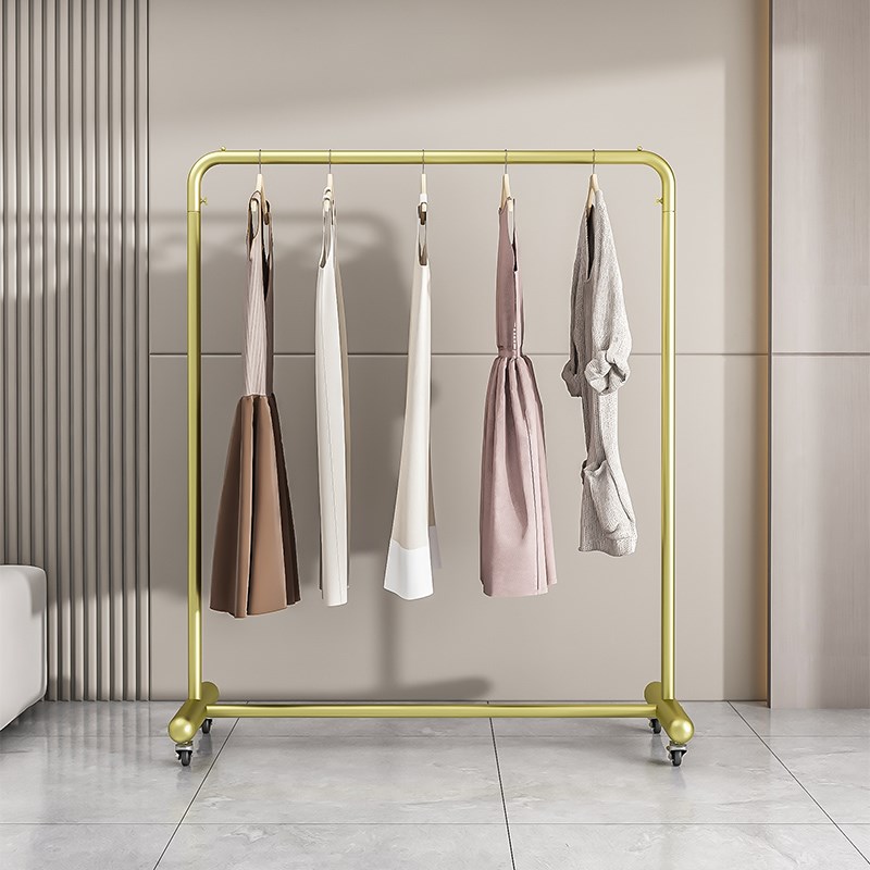 白色挂衣架落地卧室移动简易晾衣架单杆式家用折叠室内衣帽架带轮
