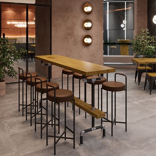 简约实木吧台桌高脚家用吧台工业风休闲靠墙商用奶茶水管酒吧桌椅