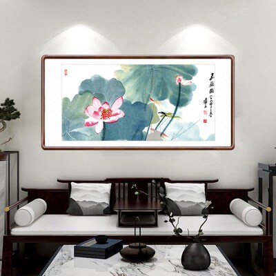水墨荷花客厅装饰画餐厅书房挂画办公室酒店横幅国画张大千嘉藕图