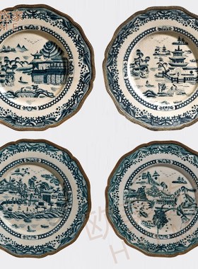 陶瓷配铜装饰挂盘 青花瓷摆盘客厅酒柜摆件 餐厅新古典样板房软装