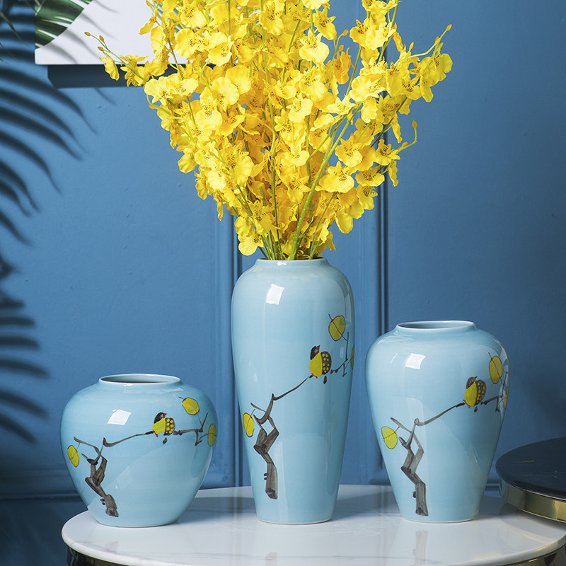 蓝色手绘花鸟陶瓷插花瓶家居水培花器客厅床头柜餐桌样板房软装饰图片