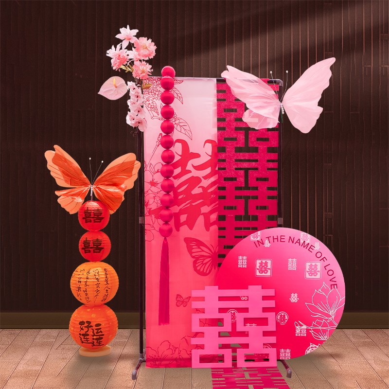 结婚布置婚房装饰高级感仿真花蝴蝶结迎宾客厅女方酒店kt板背景墙