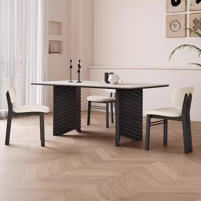 哑光岩板餐桌意式极简家用小户型高端橡木饭桌长方形实木岩板餐桌