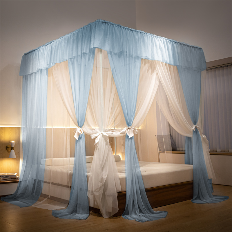 宫廷风层纱蚊帐三开门家用落地式防蚊尘床帘床幔一体式加密帐纱