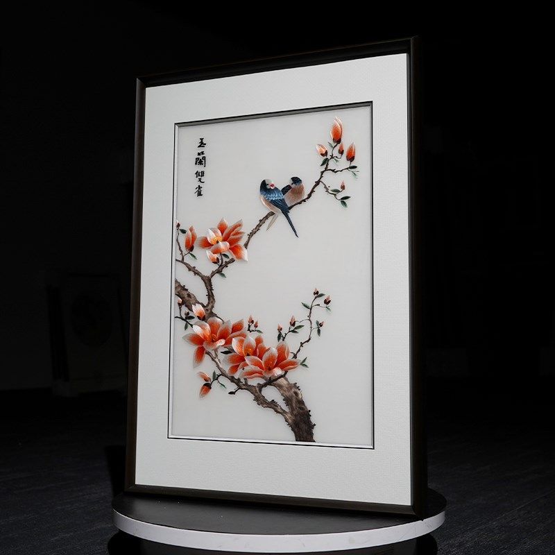 苏绣玉兰双雀纯手工刺绣客厅卧室玄关餐厅装饰挂画