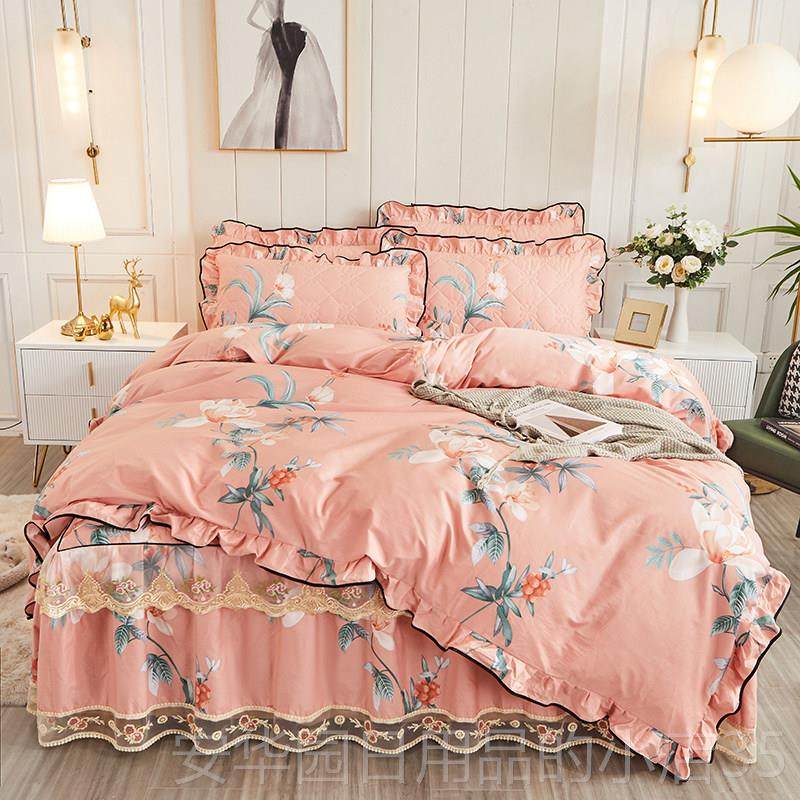 高档全棉人夹棉加厚床纯裙款四件套韩蕾丝版印花床罩棉双被套床上