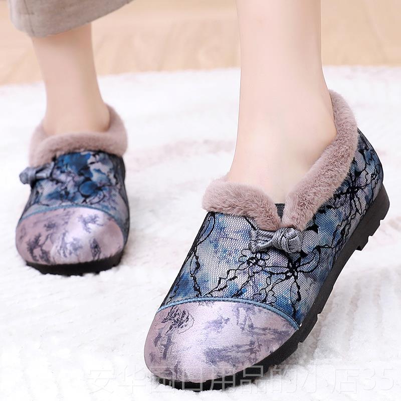 高档冬季老民北厚布鞋女加绒加保暖族风绣花京鞋防滑软底舒适妈妈