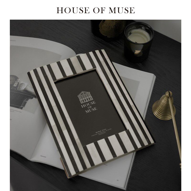 缪斯家进口黑白条纹牛骨相框6寸7寸摆台软装样板间书房卧室装饰品