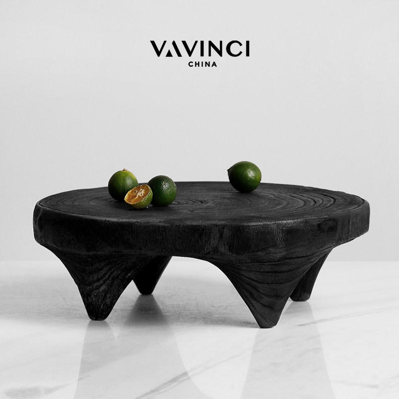 梵其炭烧木质现代侘寂风圆形果盘托盘摆件样板间客厅茶几桌面软装