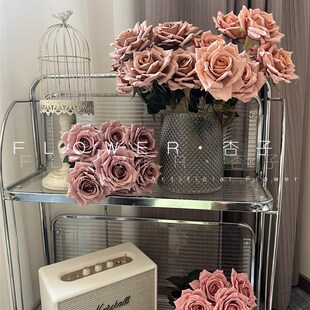 复古7头卡布奇诺仿真花手捧花束摄影道具摩卡玫瑰奶茶色花墙装饰