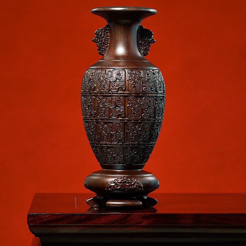 黑檀木雕装饰花瓶摆件实木仿古中式客厅插花博古架家居玄关工艺品