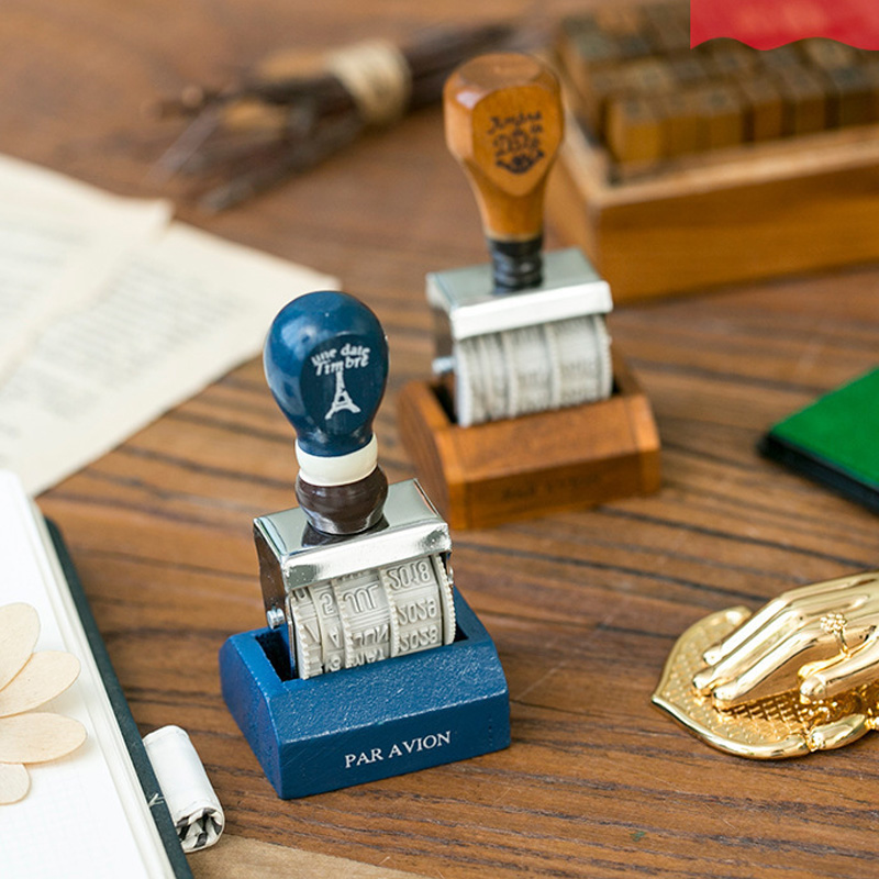 当然杂货复古日期滚轮印章个性带底座怀旧木质手帐盖章可调年月日