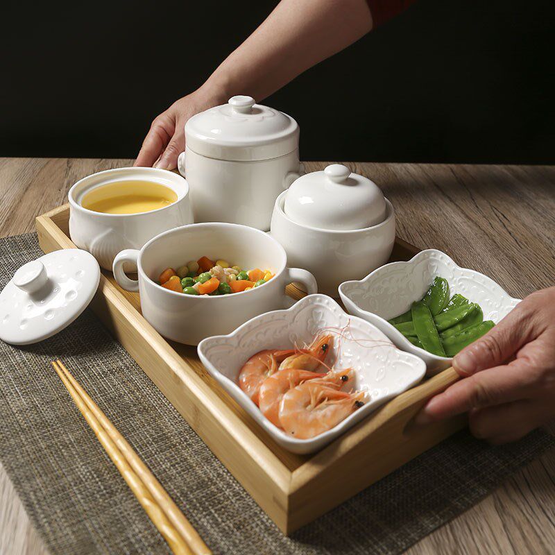 月子套餐陶瓷一人食餐具一人份汤盅分餐碗盘套装月子会所产妇带盖