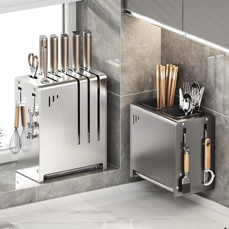 不锈钢厨房刀架置物架家用台面壁挂式一体多功能菜刀具筷笼收纳架