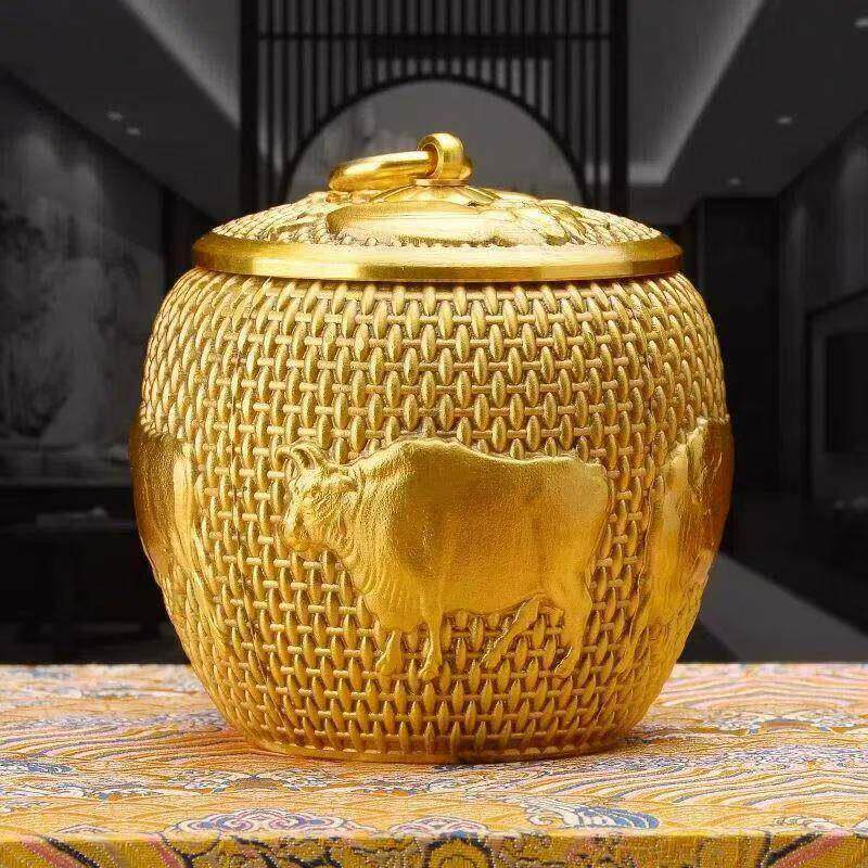 万时严选五福纯铜五牛罐五牛图茶叶罐黄铜密封罐高档精品存茶罐子