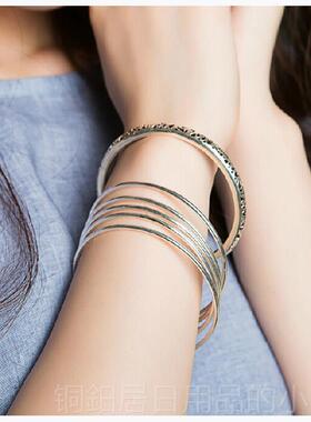 高档999足银口五环9999万纯银手镯女细圈光面实心多环闭镯9子包邮