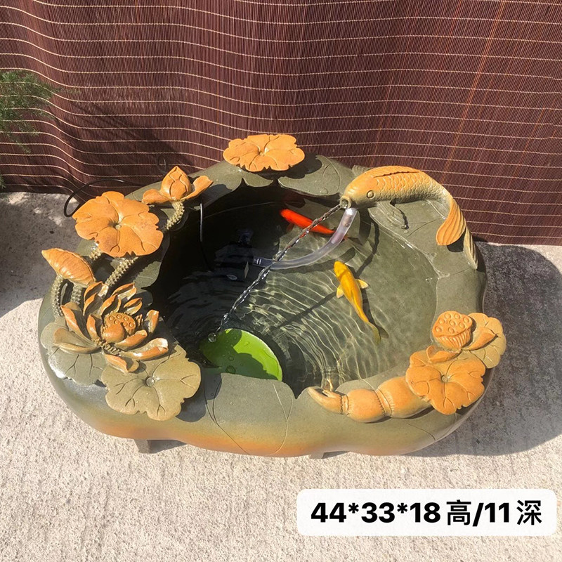 茶室办公桌台面自然石头装饰水池肇庆端砚石材艺术雕花流水小鱼缸