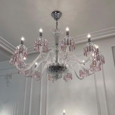 法式客厅灯餐厅吊灯楼梯设计师挑空复式别墅中古风卧室粉色水晶灯