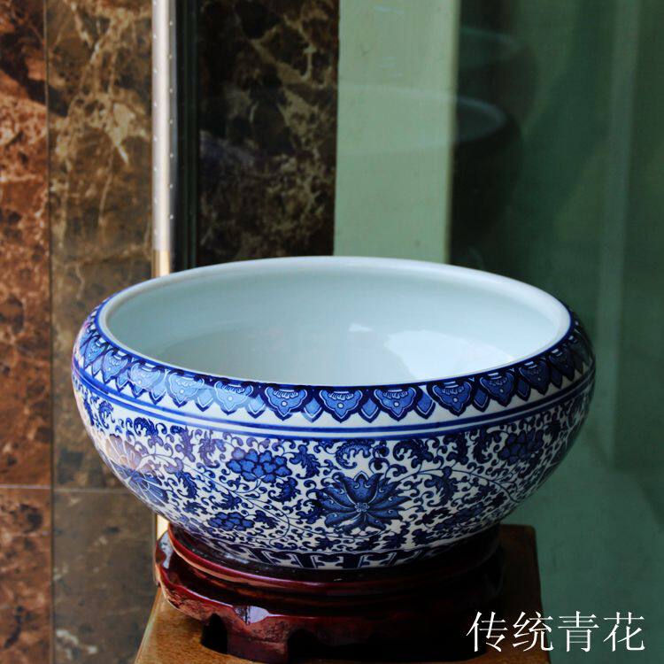 千年传统青花瓷盆缸碗莲睡莲绿萝水仙特大口径花盆鱼缸无孔陶瓷盆 - 实物图