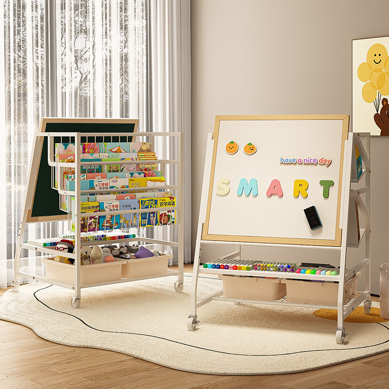 移动儿童画板家用黑白双面磁性写字板玩具绘本放置绘画区书架落地