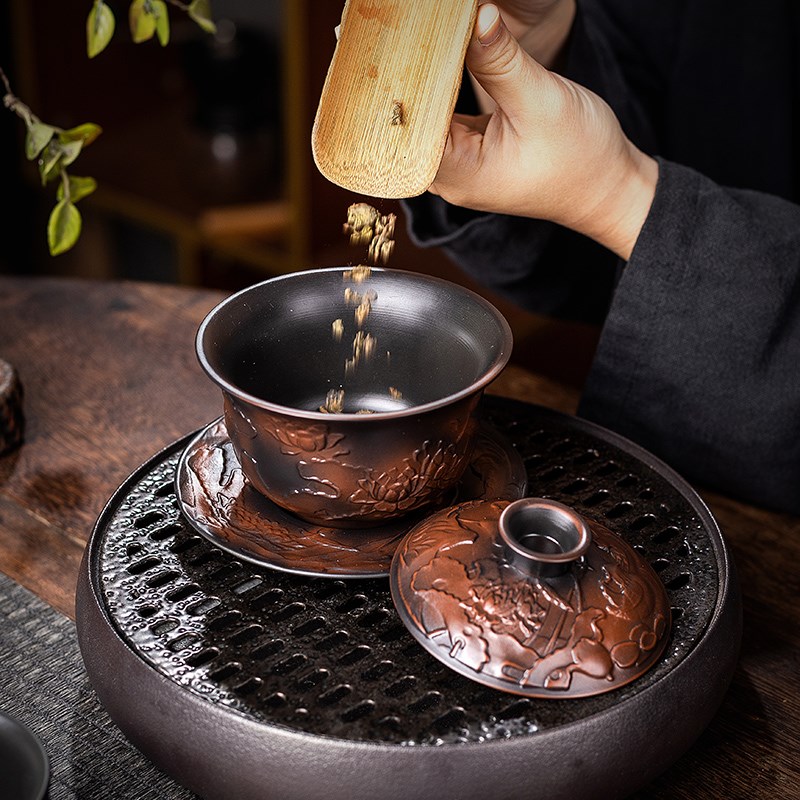 紫陶盖碗茶杯大号家用紫砂纯手工西施浮雕泡茶碗陶瓷高档功夫茶具