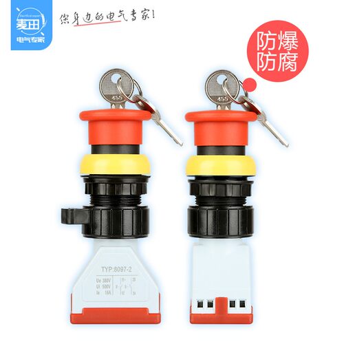 BA8097防爆防腐带钥匙急停按钮 蘑菇头带锁旋转控制开关配电箱