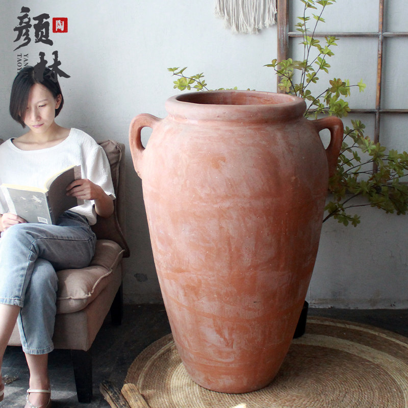 美版大陶罐落地大陶器景观花盆粗陶大高盆红陶大罐庭院大号陶罐子