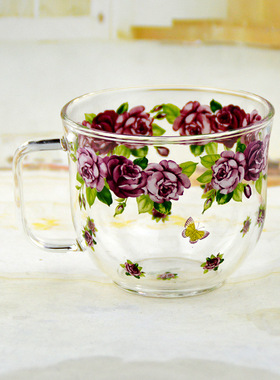 韩国韩式田园风玻璃水杯高硼硅早餐杯子家用玻璃杯加厚麦片牛奶杯